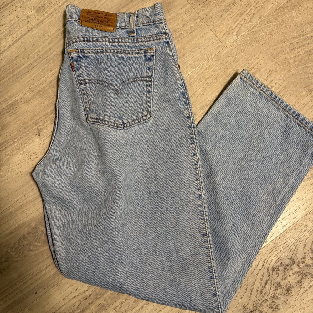 Levis 545 Jeans Mens Size 34x30 Light Wash Loose 90s Brown‎ Tab Leather Patch